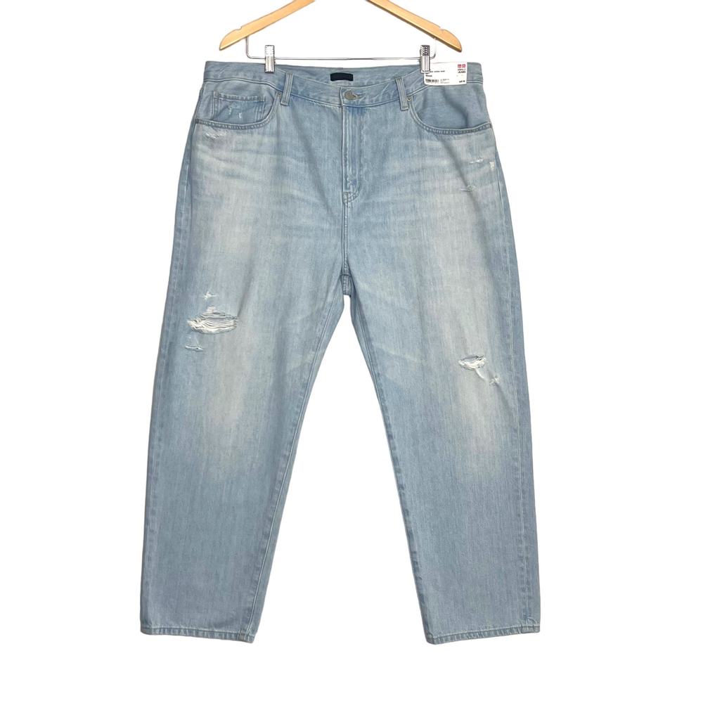 Uniqlo Boyfriend Taper Jeans Sz 36 High Rise Crop Light Wash  Distressed Denim